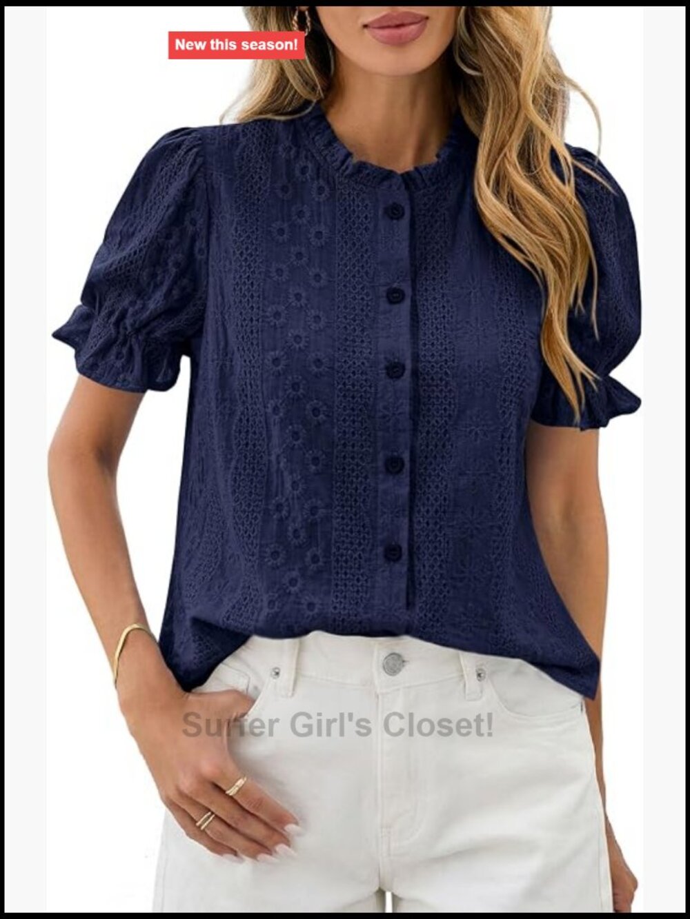 Boho Embroidered Cotton Puff Sleeve Blouse Short Sleeve Button Up
